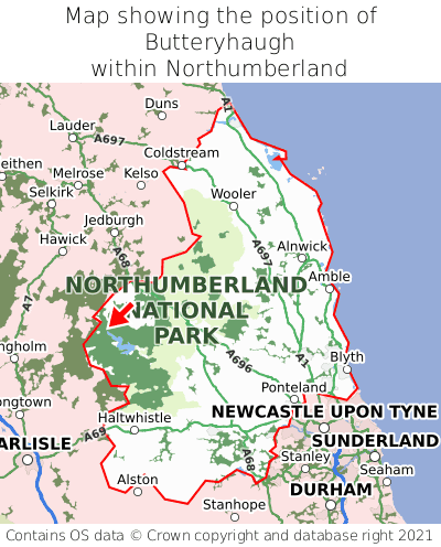 Map showing location of Butteryhaugh within Northumberland