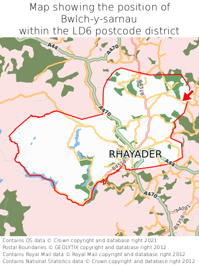 Map showing location of Bwlch-y-sarnau within LD6