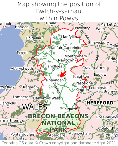 Map showing location of Bwlch-y-sarnau within Powys