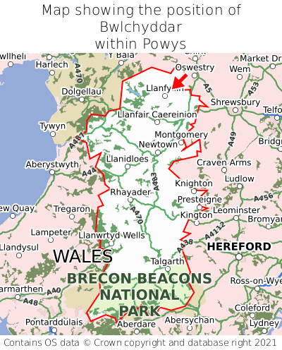 Map showing location of Bwlchyddar within Powys