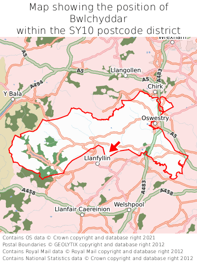 Map showing location of Bwlchyddar within SY10