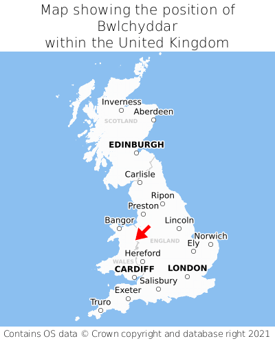 Map showing location of Bwlchyddar within the UK