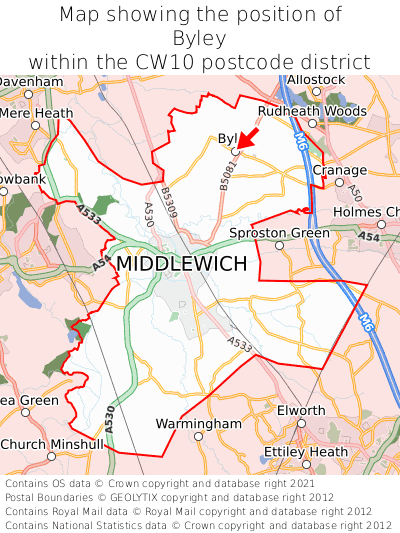 Map showing location of Byley within CW10