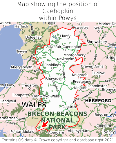 Map showing location of Caehopkin within Powys