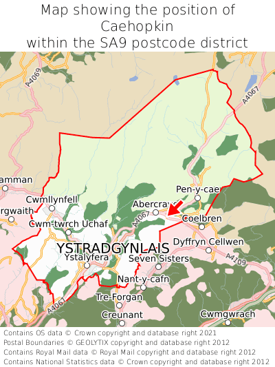 Map showing location of Caehopkin within SA9