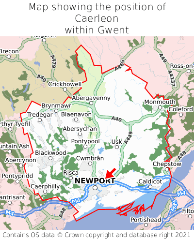 Map showing location of Caerleon within Gwent