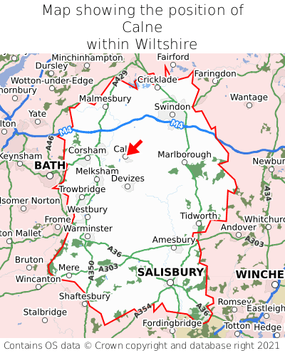 Map showing location of Calne within Wiltshire