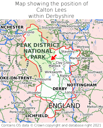 Map showing location of Calton Lees within Derbyshire