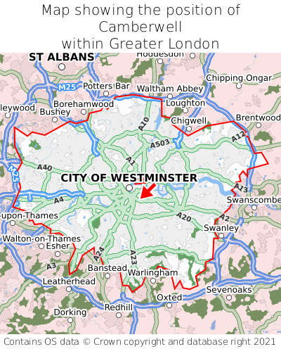 Map showing location of Camberwell within Greater London