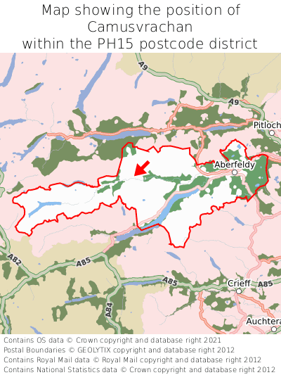 Map showing location of Camusvrachan within PH15