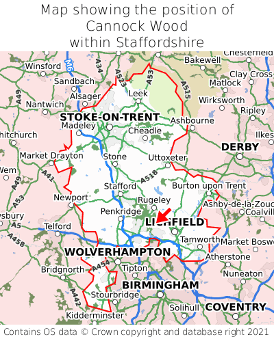 Map showing location of Cannock Wood within Staffordshire