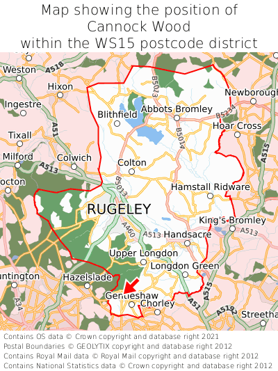 Map showing location of Cannock Wood within WS15