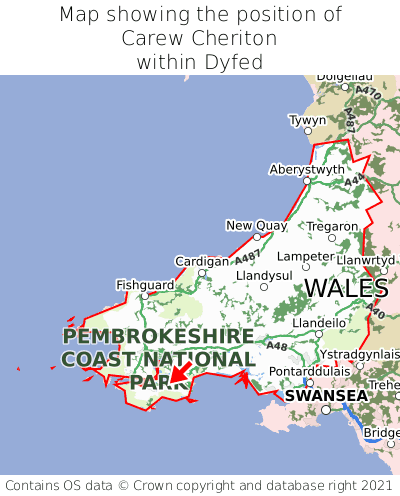 Map showing location of Carew Cheriton within Dyfed