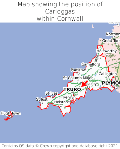 Map showing location of Carloggas within Cornwall