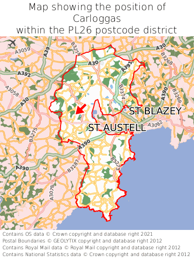 Map showing location of Carloggas within PL26