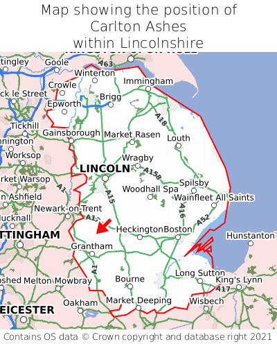 Map showing location of Carlton Ashes within Lincolnshire