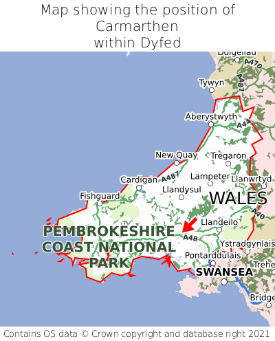 Map showing location of Carmarthen within Dyfed