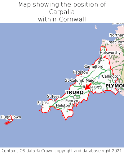 Map showing location of Carpalla within Cornwall