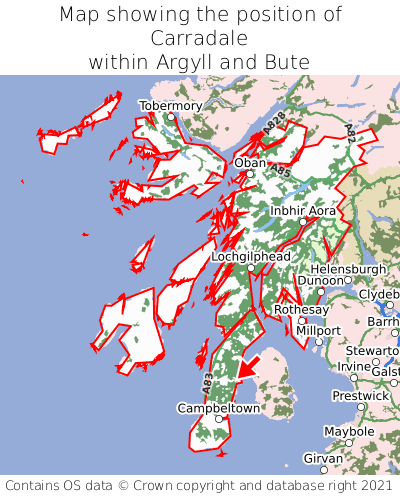 Map showing location of Carradale within Argyll and Bute