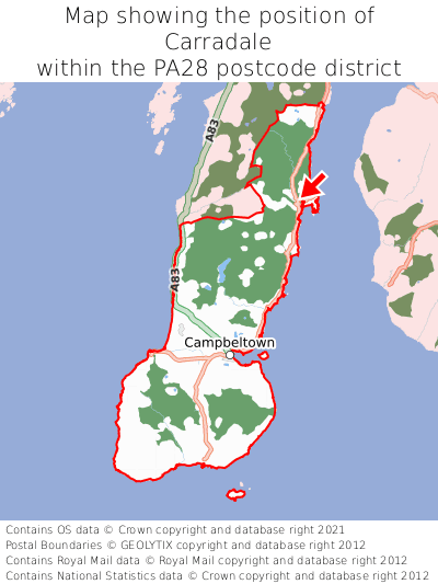 Map showing location of Carradale within PA28