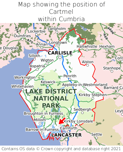 Map showing location of Cartmel within Cumbria