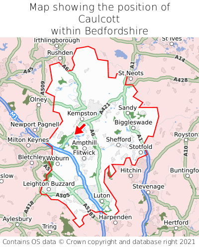 Map showing location of Caulcott within Bedfordshire