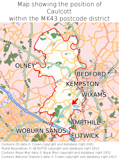 Map showing location of Caulcott within MK43