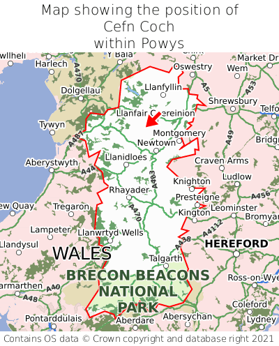 Map showing location of Cefn Coch within Powys