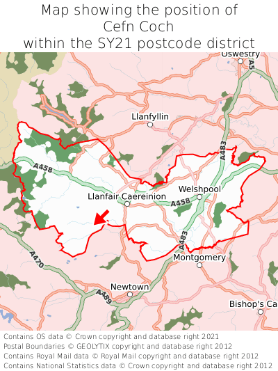 Map showing location of Cefn Coch within SY21