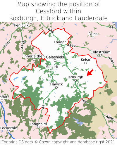 Map showing location of Cessford within Roxburgh, Ettrick and Lauderdale