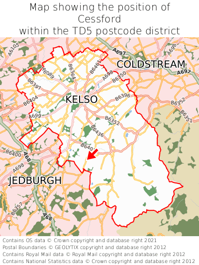 Map showing location of Cessford within TD5