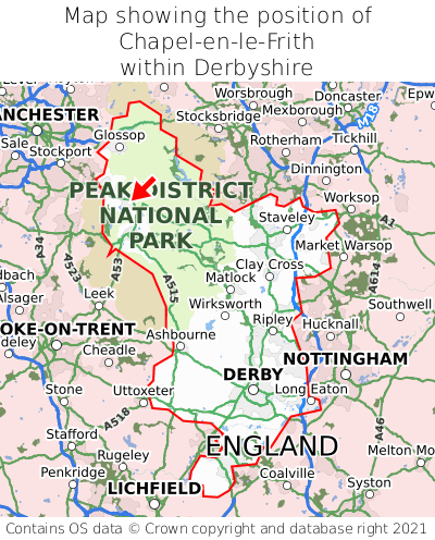 Map showing location of Chapel-en-le-Frith within Derbyshire