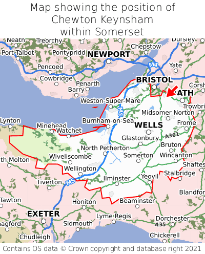 Map showing location of Chewton Keynsham within Somerset