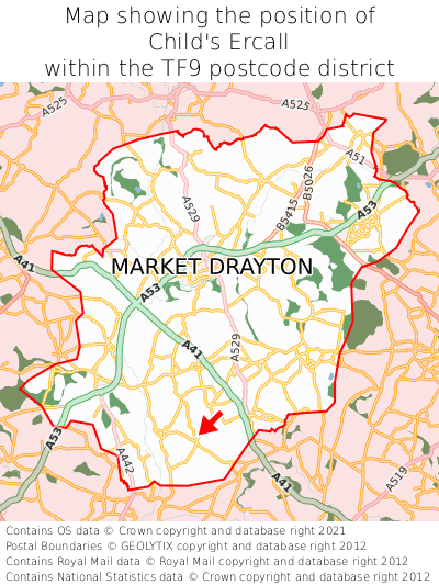 Map showing location of Child's Ercall within TF9