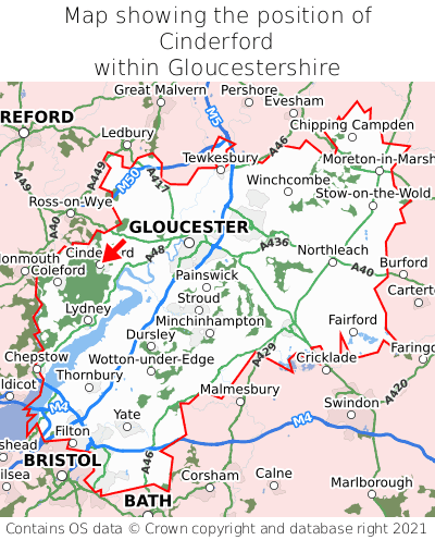 Map showing location of Cinderford within Gloucestershire