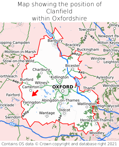 Map showing location of Clanfield within Oxfordshire