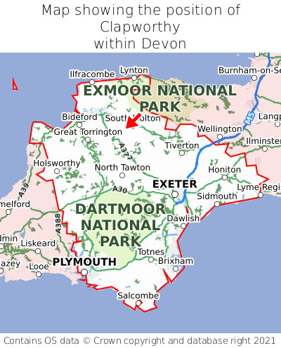 Map showing location of Clapworthy within Devon