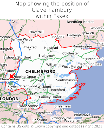 Map showing location of Claverhambury within Essex