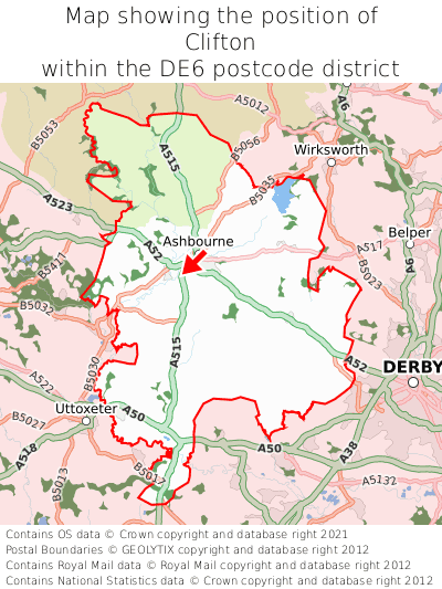 Map showing location of Clifton within DE6