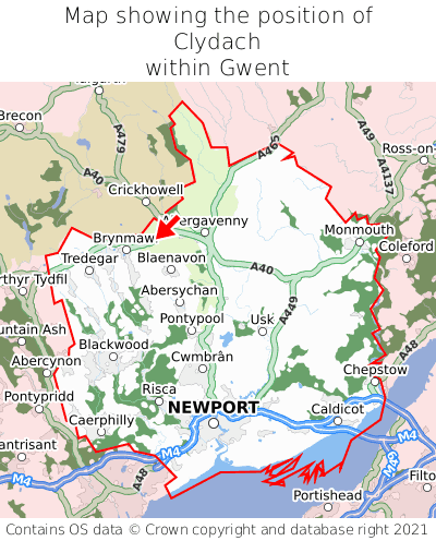 Map showing location of Clydach within Gwent