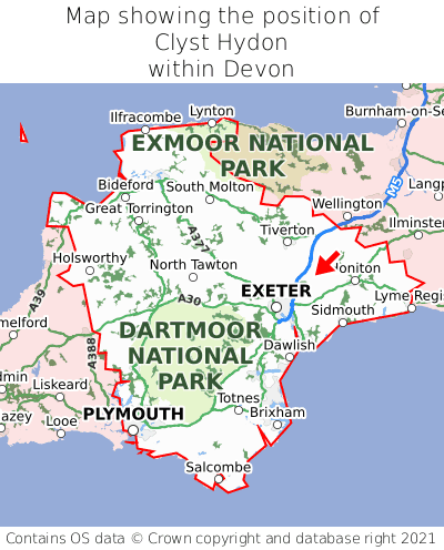 Map showing location of Clyst Hydon within Devon