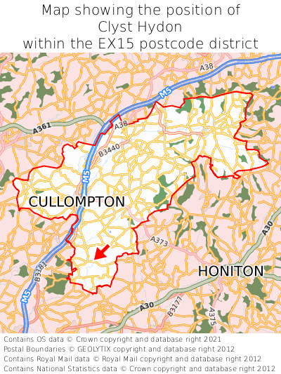 Map showing location of Clyst Hydon within EX15