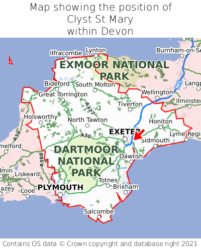 Map showing location of Clyst St Mary within Devon