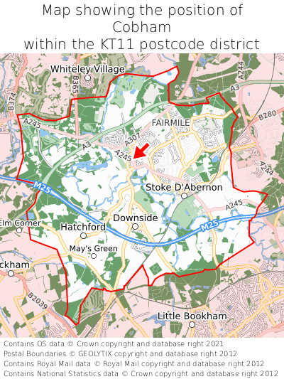 Map showing location of Cobham within KT11