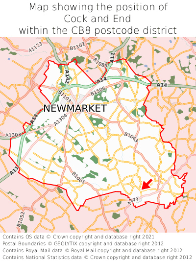 Map showing location of Cock and End within CB8