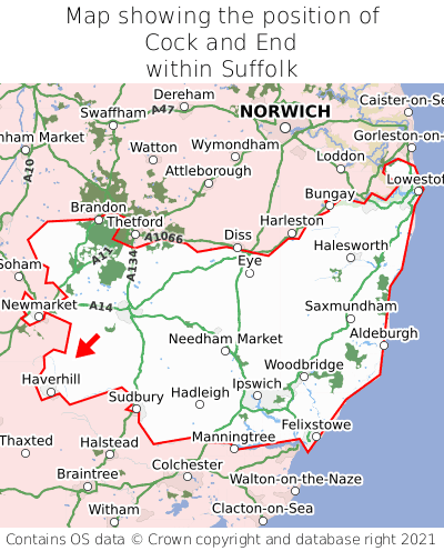 Map showing location of Cock and End within Suffolk