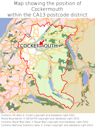 Map showing location of Cockermouth within CA13