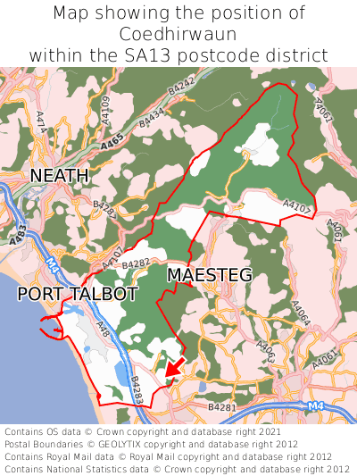 Map showing location of Coedhirwaun within SA13