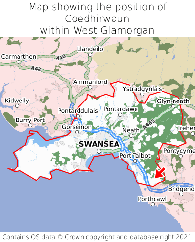 Map showing location of Coedhirwaun within West Glamorgan