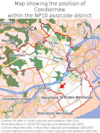 Map showing location of Coedkernew within NP10